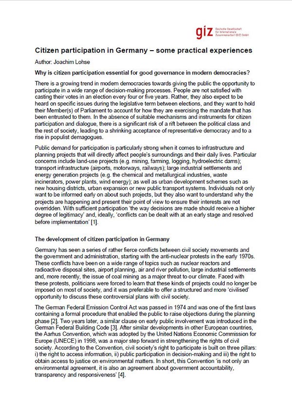 Citizen participation in Germany – some practical experiences